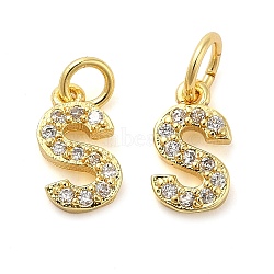 Brass Micro Pave Cubic Zirconia Pendants, with Jump Ring, Letter S, 9x5.5x1.5mm, Hole: 3.6mm(KK-M273-02G-S)