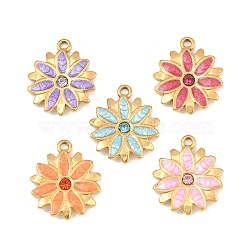 304 Stainless Steel Enamel Pendants, Flower Charms, with Rhinestone, Ion Plating(IP), Real 18K Gold Plated, Mixed Color, 16.5x14x1.5mm, Hole: 1.5mm(SA-CBADC81-09G)