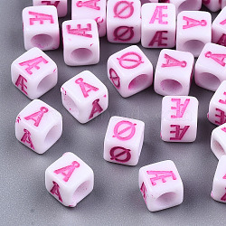 Opaque White Acrylic Beads, Horizontal Hole, Cube with Hot Pink Random Denmark Alphabet Letter, Hot Pink, 6x6x6mm, Hole: 3.5mm, about 3600pcs/500g(SACR-T352-06)