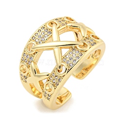 Letter X Clear Cubic Zirconia Open Cuff Ring, Brass Wide Finger Rings for Women, Real 16K Gold Plated, 15mm(RJEW-L121-018G)