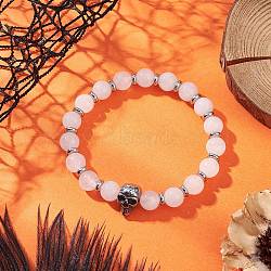 Natural Malaysia Jade Stretch Bracelets, Skull, with 304 Stainless Steel Beads, White, Inner Diameter: 2-1/8 inch(5.5cm)(BJEW-JB12184-02)