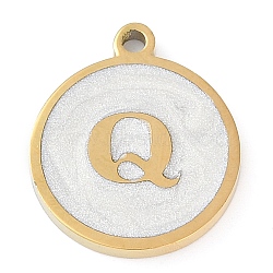 Ion Plating(IP) 201 Stainless Steel Pendants, with White Enamel, Real 18K Gold Plated, Flat Round with Letter, Letter Q, 18.5x15.5x2mm, Hole: 1.6mm(STAS-K288-02G-Q)