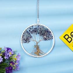 Natural Fluorite & Amethyst Chips Tree of Life Pendant Decorations, for Party Window, Wall Display Decorations, 300mm(TREE-PW0002-17)