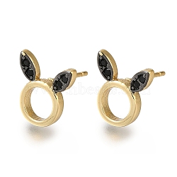 Rack Plating Brass Micro Pave Cubic Zirconia Stud Earring, Long-Lasting Plated, Cadmium Free & Lead Free, Rabbit, Black, Real 18K Gold Plated, 12x11mm(EJEW-C101-04G)