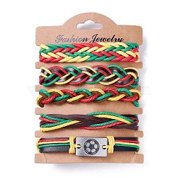 Leather Cord Bracelets Set for Men Women, Football Rectangle Link Braided Bracelets, Adjustable Sport Wristbands, Green, Inner Diameter: 2~3-1/4 inch(5.1~8.1cm), 5pcs/set (BJEW-C005-02C)