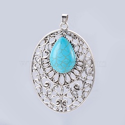 Synthetic Turquoise Big Pendants, with Alloy Findings, Oval with Drop, Antique Silver, 64x46x8mm, Hole: 5x6mm(PALLOY-P172-078)