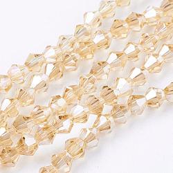 Glass Beads Strands, AB Color Plated, Faceted, Bicone, Goldenrod, 4x4mm, Hole: 1mm, about 92~96pcs/strand, 13.78~14.37 inch(EGLA-S056-08)