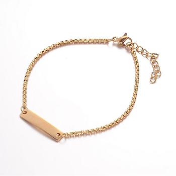 304 Stainless Steel ID Bracelets, Rectangle, with Box Chains and Lobster Clasps, Golden, 7-1/4 inch(185mm), 2mm