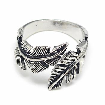Adjustable Alloy Cuff Finger Rings, Leaf, Size 10, Antique Silver, 20mm
