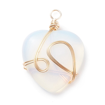 Opalite Pendants, with Golden Tone Copper Wire Wrapped, Heart, 40.5x30x8.5mm, Hole: 4.2mm