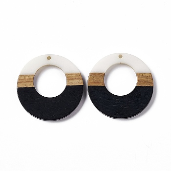 Opaque Resin & Walnut Wood Pendants, Ring Charms, Black, 38x3.5mm, Hole: 2mm