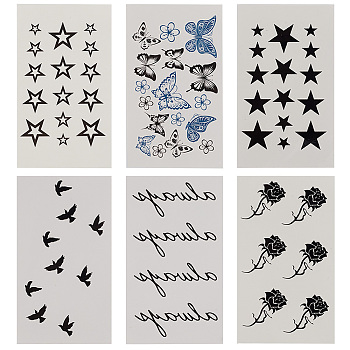 12 Sheets 6 Style Cool Sexy Body Art Removable Temporary Tattoos Paper Stickers, Bird & Star & Rose & Butterfly Pattern, Mixed Patterns, 10.5x6.1x0.02cm, 2 sheets/style