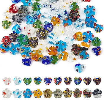 GOMAKERER 2 Strands 2 Style Handmade Millefiori Lampwork Beads Strands, Flower & Heart, Mixed Color, 8~10x8~10x3~3.5mm, Hole: 0.5~1mm, about 38~48pcs/strand, 13.7~14.57 inch(37cm), 1 strand/style