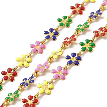 Ion Plating(IP) Handmade 316 Surgical Stainless Steel Enamel Link Chains, Soldered, Real 18K Gold Plated, with Spool, Flower, Mixed Color, 9.5x6x1mm
