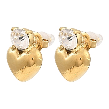 Glass Heart Stud Earrings, Real 18K Gold Plated 304 Stainless Steel Earrings, Clear, 16x16mm