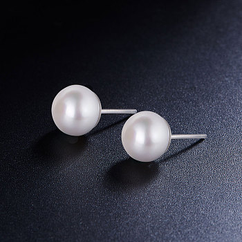 SHEGRACE 925 Sterling Silver Ear Studs, with Freshwater Pearl and Ear Nuts, Round, White, 8mm