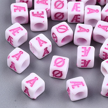 Opaque White Acrylic Beads, Horizontal Hole, Cube with Hot Pink Random Denmark Alphabet Letter, Hot Pink, 6x6x6mm, Hole: 3.5mm, about 3600pcs/500g