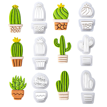 6 Sets 6 Styles Cactus Plastic Clay Pressed Molds Set, Clay Cutters, Clay Modeling Tools, for DIY Earring Making, White, 17~35x21~32.5x11~12mm, 1 set/style