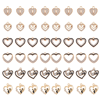 48Pcs 6 Styles Alloy Enamel Pendants, with Crystal Rhinestone, Hollow Heart Charms, Light Gold, 14~21x13~19.5x1.5~3mm, Hole: 1.6~2mm, 8Pcs/style