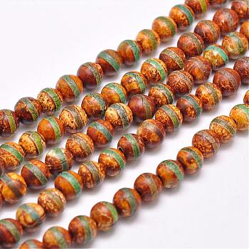 Tibetan Style Striped Pattern dZi Beads Strands, Natural & Dyed Agate Beads,  Matte Style, Round, 8mm, Hole: 1mm, about 24pcs/strand, 8 inch