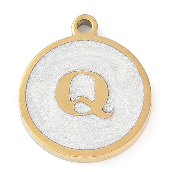 Ion Plating(IP) 201 Stainless Steel Pendants, with White Enamel, Real 18K Gold Plated, Flat Round with Letter, Letter Q, 18.5x15.5x2mm, Hole: 1.6mm