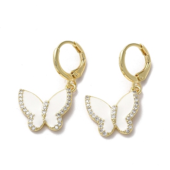 Butterfly Real 18K Gold Plated Brass Dangle Leverback Earrings, with Cubic Zirconia and Enamel, WhiteSmoke, 30x17.5mm
