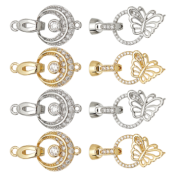 8Pcs 4 Styles Flat Round & Butterfly Brass Clear Cubic Zirconia Fold Over Clasps, Platinum & Golden, Clasp: 13x4.5~7x5~6mm, Hole: 2.2mm, 2pcs/style