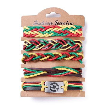 Leather Cord Bracelets Set for Men Women, Football Rectangle Link Braided Bracelets, Adjustable Sport Wristbands, Green, Inner Diameter: 2~3-1/4 inch(5.1~8.1cm), 5pcs/set 
