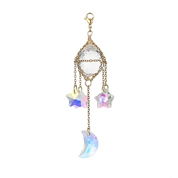 Stainless Steel Cable Chains Pouch Teardrop Pendant Decorations, Hanging Suncatchers, with Glass Moon/Star Charm, Golden, 102.5mm