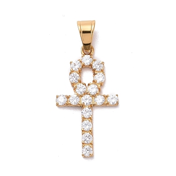 304 Stainless Steel Pendants, with Cubic Zirconia, Cross, Clear, Golden, 37x20x3mm, Hole: 5x7mm