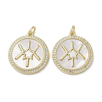 Brass Micro Pave Cubic Zirconia Pendants, with Shell, Flat Round, Real 18K Gold Plated, Star, 22x19.5x2.5mm, Hole: 3mm