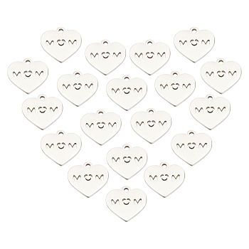 PandaHall Elite 20Pcs 304 Stainless Steel Charms, Heart with Word MOM, Mother's Day Theme, Stainless Steel Color, 13x14x1mm, Hole: 1.5mm