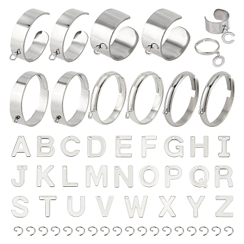 DIY Initial Letter Alphabet Charm Ring Making Kit, Including 304 Stainless Steel Loop Ring Bases, Alphabet Charms, Jump Rings, Stainless Steel Color, 102Pcs/box