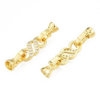 Brass Micro Pave Clear Cubic Zirconia Fold Over Clasps, Nickel Free, S Shape, Real 18K Gold Plated, S-shaped: 18.5x18.5x3mm, Clasp: 13x7.5x6mm, Inner Diameter: 4mm
