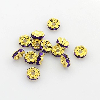 Acrylic Brass Rhinestone Spacer Beads, Grade B, Rondelle, Golden Metal Color, Purple, about 6mm in diameter, 3mm thick, hole: 1mm