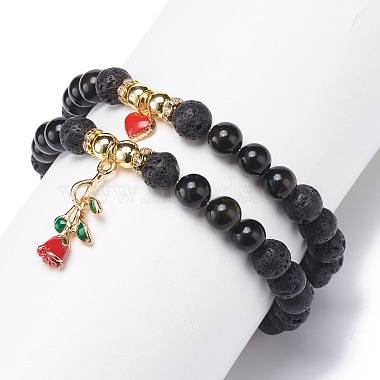 2Pcs 2 Style Style Natural Lava Rock & Golden Sheen Obsidian & Synthetic Hematite Stretch Bracelets Set(BJEW-JB08734)-6