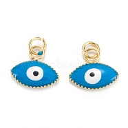 Brass Enamel Pendants, Real 18K Gold Plated, Long-Lasting Plated, Evil Eye, Deep Sky Blue, 10x11x2mm, Hole: 2.6mm(KK-M220-03G-I)