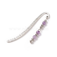 Tibetan Style Alloy Bookmarks/Hairpins, Pendant Book Markers, with Natural Amethyst Round Beads, 83x14x1.5mm(AJEW-JK00190-01)