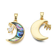 Brass Clear Cubic Zirconia Pendants, with Synthetic Abalone Shell/Paua Shells, Moon with Star Charms, Real 18K Gold Plated, Nickel Free, Colorful, 19x13x2mm, Hole: 2.5x5mm(KK-N233-406)