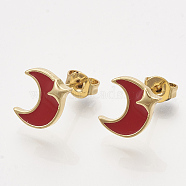 (Jewelry Parties Factory Sale)Brass Stud Earrings, with Enamel and Ear Nuts, Moon with Star, Golden, Red, 10x9mm, Pin: 0.7mm(EJEW-S201-175A)