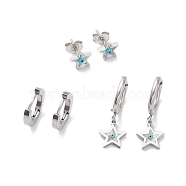 3 Pairs 3 Style Synthetic Shell Star with Enamel Evil Eye Dangle Hoop Earrings, 304 Stainless Steel Stud Earrings for Women, Stainless Steel Color, 7.5~27mm, Pin: 1mm, 1 Pair/style(EJEW-B020-06P)