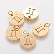 304 Stainless Steel Pendants, with Jump Ring, Laser Cut, Flat Round with Constellation/Zodiac Sign, Golden, Gemini, 12x1mm, Hole: 3mm(A-STAS-Q201-T445-3G)