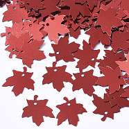 Autumn Theme Ornament Accessories, PVC Plastic Paillette/Sequins Pendants, Maple Leaf, Dark Red, 13.5x13x0.2mm, Hole: 1mm, about 1600pcs/50g(X-PVC-R022-004)