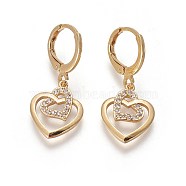 Brass Dangle Hoop Earrings, with Micro Pave Cubic Zirconia, Heart, Golden, 28.5mm, Pin: 1mm(EJEW-F199-01G)