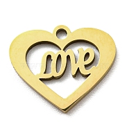 Ion Plating(IP) 316L Surgical Stainless Steel Pendants, Laser Cut, Heart with Word Love Charm, Real 18K Gold Plated, 13x15x1mm, Hole: 1.4mm(STAS-M317-25G)