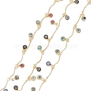 Handmade Brass Bar Link Chains, with Glass Charms and Spool, Soldered, Long-Lasting Plated, Evil Eye, Golden, Colorful, 13.5x2x1mm, 32.8 Feet(10m)/roll(CHC-K011-17G)