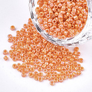 Opaque Glass Seed Beads, Rainbow Plated, Round, Coral, 4mm, Hole: 1.5mm, about 4500pcs/bag(SEED-S023-01A-10)
