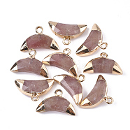 Electroplate Natural Strawberry Quartz Charms, with Iron Findings, Faceted, Moon, Golden, 12~13x18~19x5mm, Hole: 1.8mm(X-G-S344-48E)
