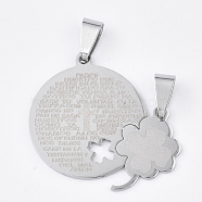201 Stainless Steel Split Pendants, Quote Pendants, Flat Round with Word and Clover, Stainless Steel Color, 30.5x33x1mm, Hole: 8x4mm(STAS-T048-47)