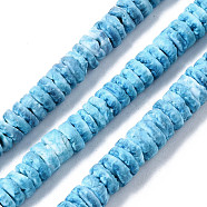 Natural Sea Shell Beads Strands, Dyed, Flat Round/Disc, Heishi Beads, Deep Sky Blue, 5~7x1.5~2.5mm, Hole: 0.9mm, about 329~348pcs/strand, 22.32 inch~22.83 inch(56.7~58cm)(SSHEL-N032-22B)